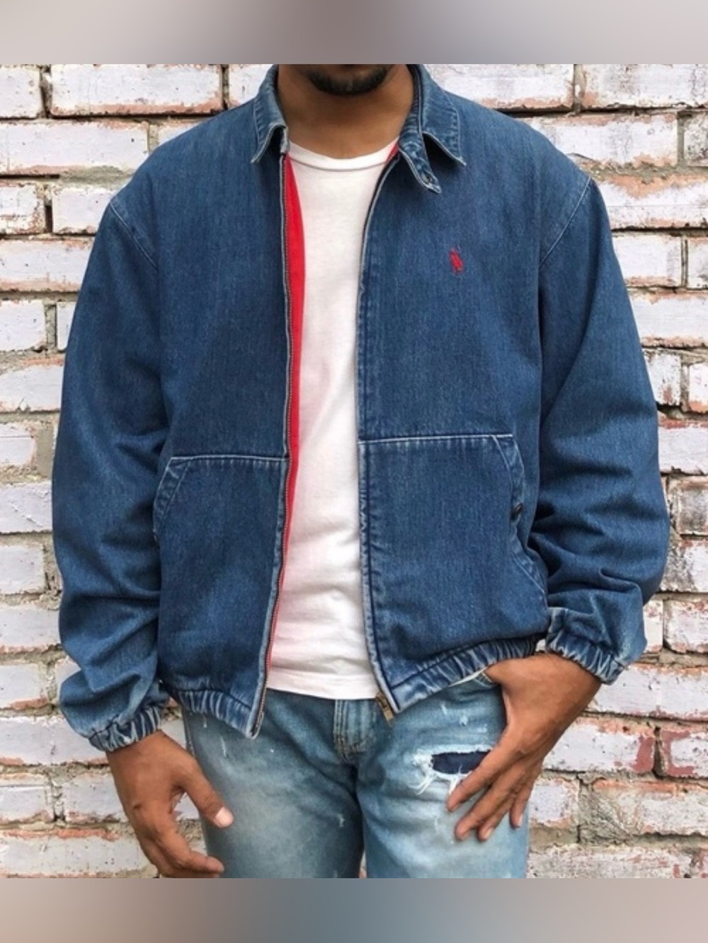 Vintage 90's Polo Ralph Lauren Denim Harrington Jacket - Red Fleece Lined - M